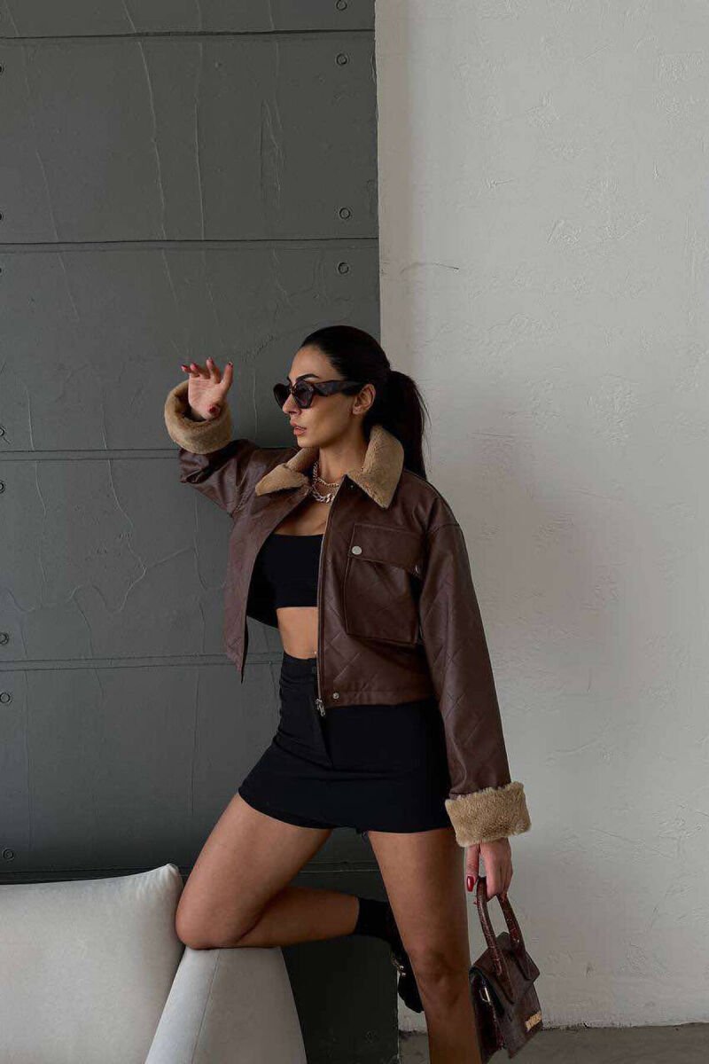 FLUFFY NECK ONE POCKET LEATHER WOMAN JACKET BROWN/KAFE - 3
