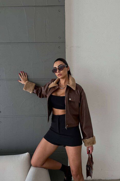 FLUFFY NECK ONE POCKET LEATHER WOMAN JACKET BROWN/KAFE - 4