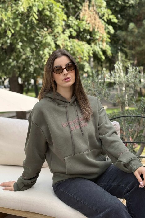 FLUFFY ONE COLOR BACK DESIGN WOMEN HOODIE GREEN/JESHILE 