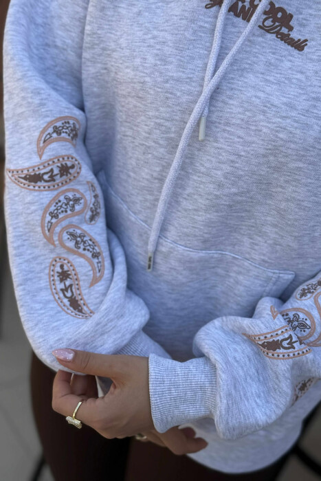 FLUFFY ONE COLOR BACK DESIGN WOMEN HOODIE LIGHT GREY/GZ - 5