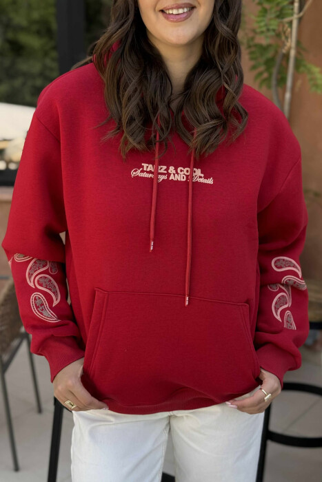 FLUFFY ONE COLOR BACK DESIGN WOMEN HOODIE RED/E KUQE - 4