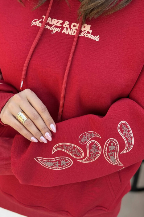FLUFFY ONE COLOR BACK DESIGN WOMEN HOODIE RED/E KUQE - 5
