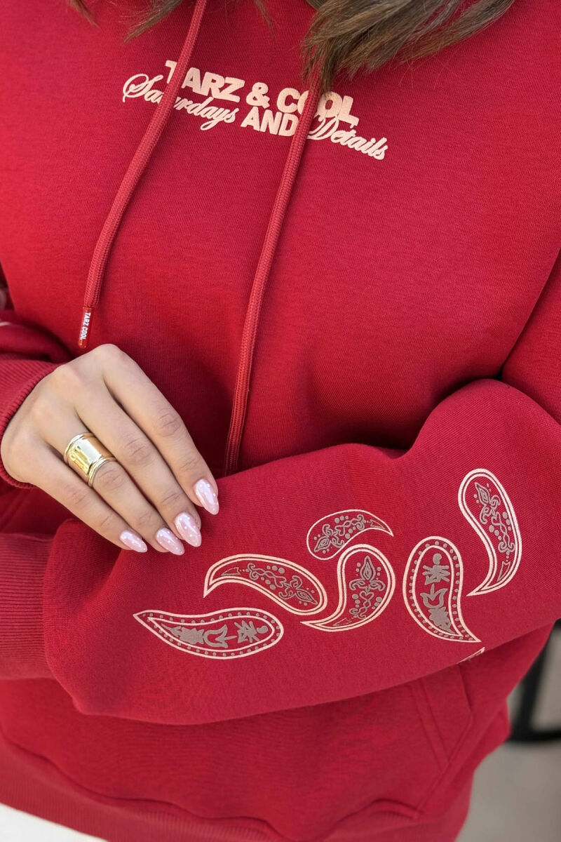 FLUFFY ONE COLOR BACK DESIGN WOMEN HOODIE RED/E KUQE - 5