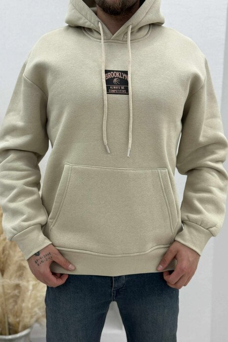 FLUFFY ONE COLOR BASKETBALL BACK DESIGN MEN HOODIE BEIGE/BEZHE - KLAUDIO FASHION