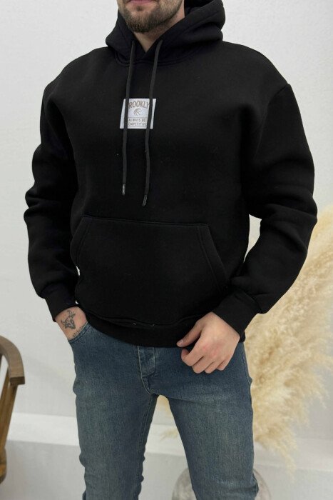 FLUFFY ONE COLOR BASKETBALL BACK DESIGN MEN HOODIE BLACK/ E ZEZE - KLAUDIO FASHION