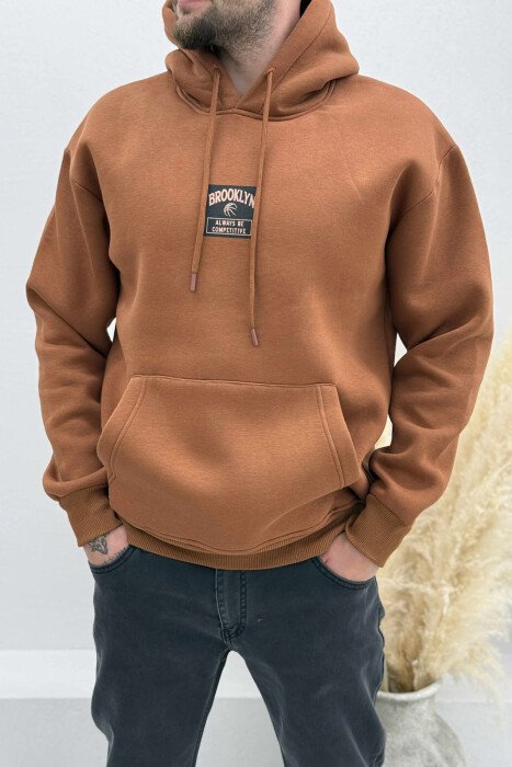 FLUFFY ONE COLOR BASKETBALL BACK DESIGN MEN HOODIE BROWN/KAFE - KLAUDIO FASHION