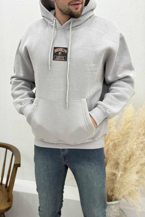 FLUFFY ONE COLOR BASKETBALL BACK DESIGN MEN HOODIE GREY/GRI - KLAUDIO FASHION