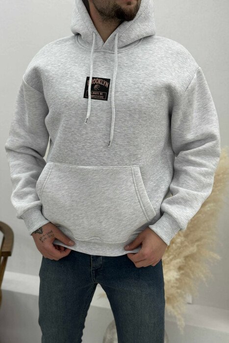 FLUFFY ONE COLOR BASKETBALL BACK DESIGN MEN HOODIE LIGHT GREY/GZ - KLAUDIO FASHION