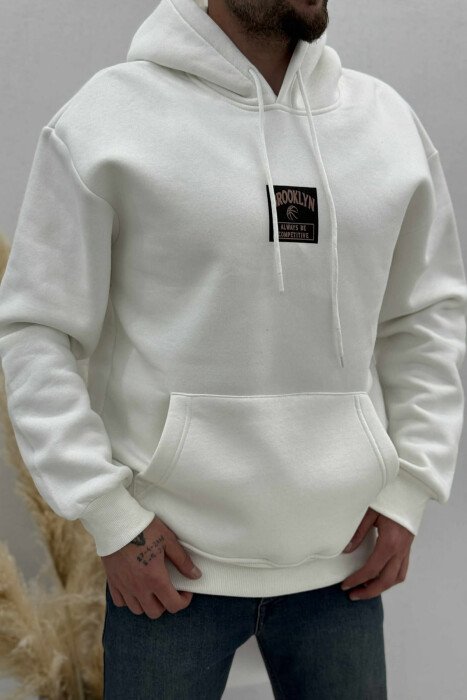 FLUFFY ONE COLOR BASKETBALL BACK DESIGN MEN HOODIE WHITE-E BARDHE - KLAUDIO FASHION