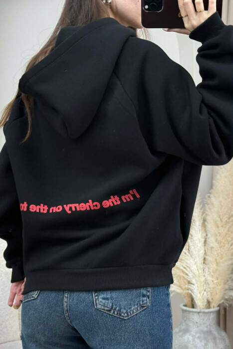 FLUFFY ONE COLOR CHERRY IMAGE WOMEN HOODIE BLACK/ E ZEZE - 3
