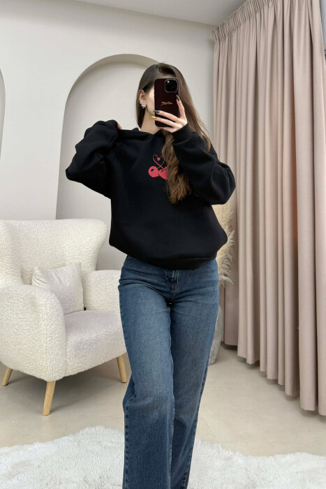 FLUFFY ONE COLOR CHERRY IMAGE WOMEN HOODIE BLACK/ E ZEZE - 4