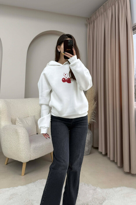 FLUFFY ONE COLOR CHERRY IMAGE WOMEN HOODIE WHITE-E BARDHE - 1