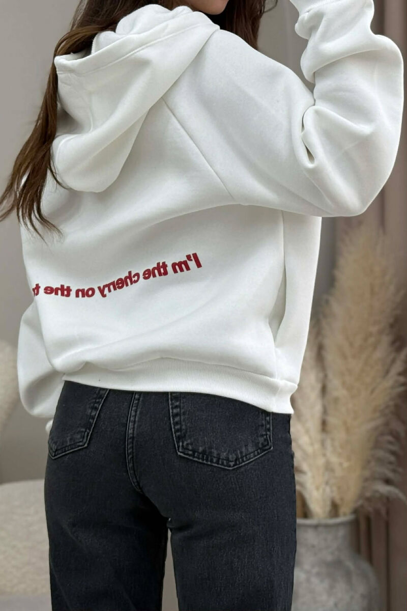 FLUFFY ONE COLOR CHERRY IMAGE WOMEN HOODIE WHITE-E BARDHE - 3