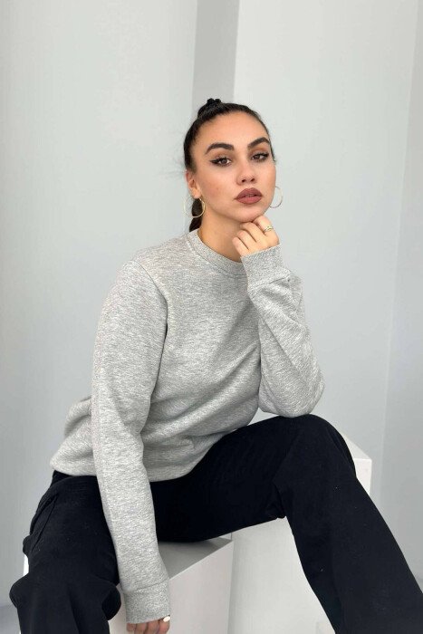 FLUFFY ONE COLOR COTTON WOMAN SWEATSHIRT GREY/GRI - KLAUDIO FASHION