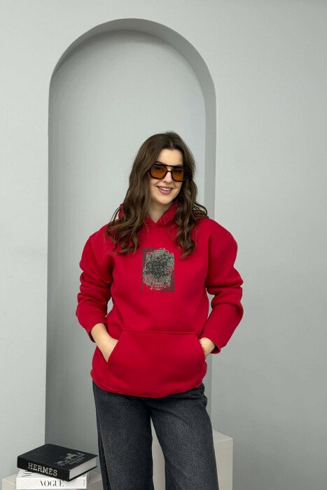 FLUFFY ONE COLOR FRONT & BACK IMAGE WOMEN HOODIE RED/E KUQE - 1