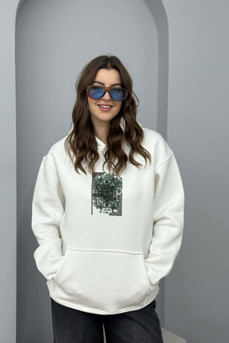 FLUFFY ONE COLOR FRONT & BACK IMAGE WOMEN HOODIE WHITE-E BARDHE - KLAUDIO FASHION