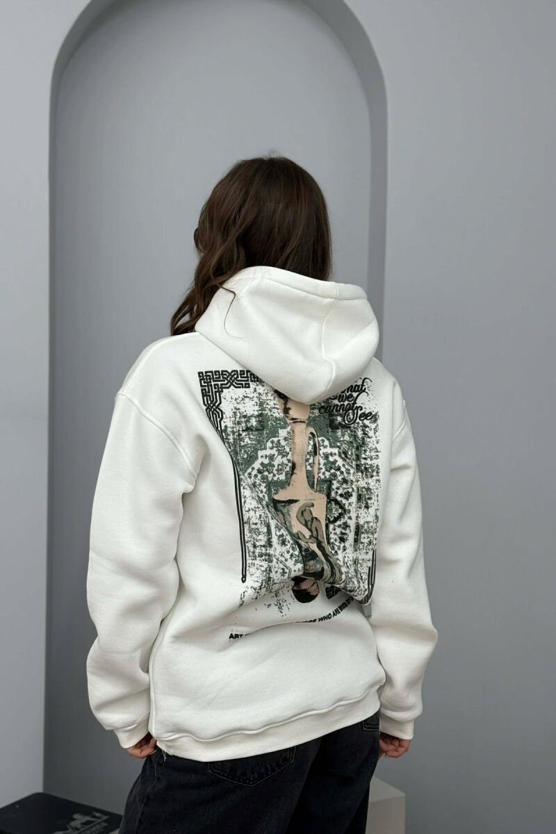 FLUFFY ONE COLOR FRONT & BACK IMAGE WOMEN HOODIE WHITE-E BARDHE - 2