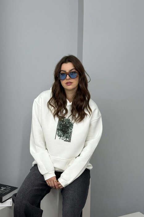 FLUFFY ONE COLOR FRONT & BACK IMAGE WOMEN HOODIE WHITE-E BARDHE - 4