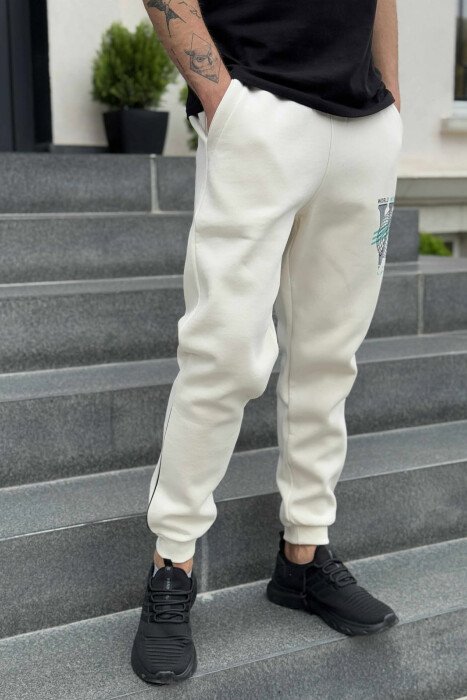FLUFFY ONE COLOR FRONT LOGO MEN JOGGERS CREAM/KREM - 3