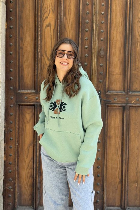 FLUFFY ONE COLOR FRONT LOGO WOMEN HOODIE MINT/MENTE - KLAUDIO FASHION