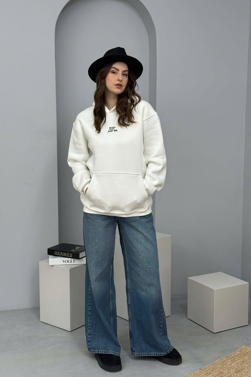 FLUFFY ONE COLOR FRONT WRITTING WOMEN HOODIE CREAM/KREM - 1