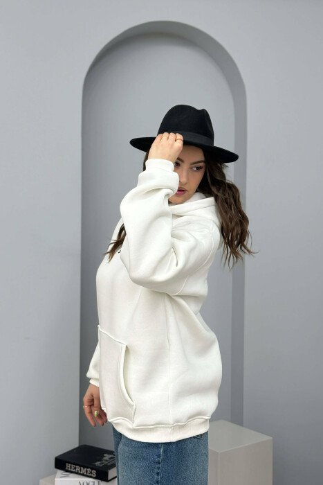 FLUFFY ONE COLOR FRONT WRITTING WOMEN HOODIE CREAM/KREM - 2