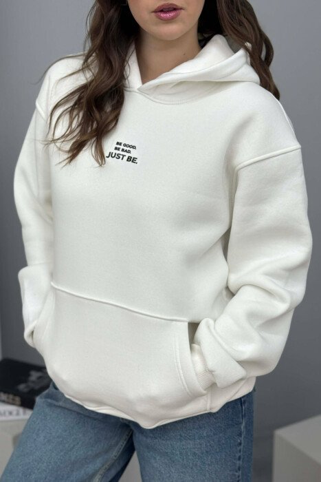 FLUFFY ONE COLOR FRONT WRITTING WOMEN HOODIE CREAM/KREM - 3