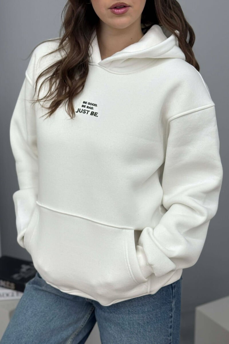 FLUFFY ONE COLOR FRONT WRITTING WOMEN HOODIE CREAM/KREM - 3