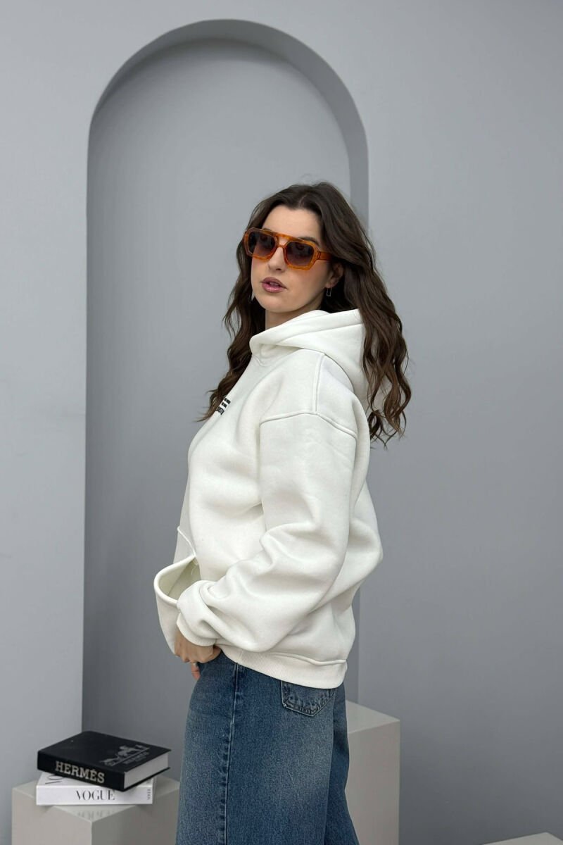 FLUFFY ONE COLOR FRONT WRITTING WOMEN HOODIE CREAM/KREM - 4