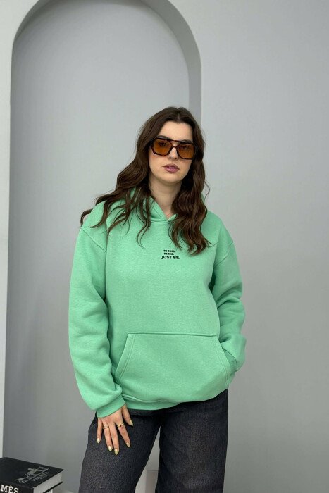 FLUFFY ONE COLOR FRONT WRITTING WOMEN HOODIE MINT/MENTE - KLAUDIO FASHION
