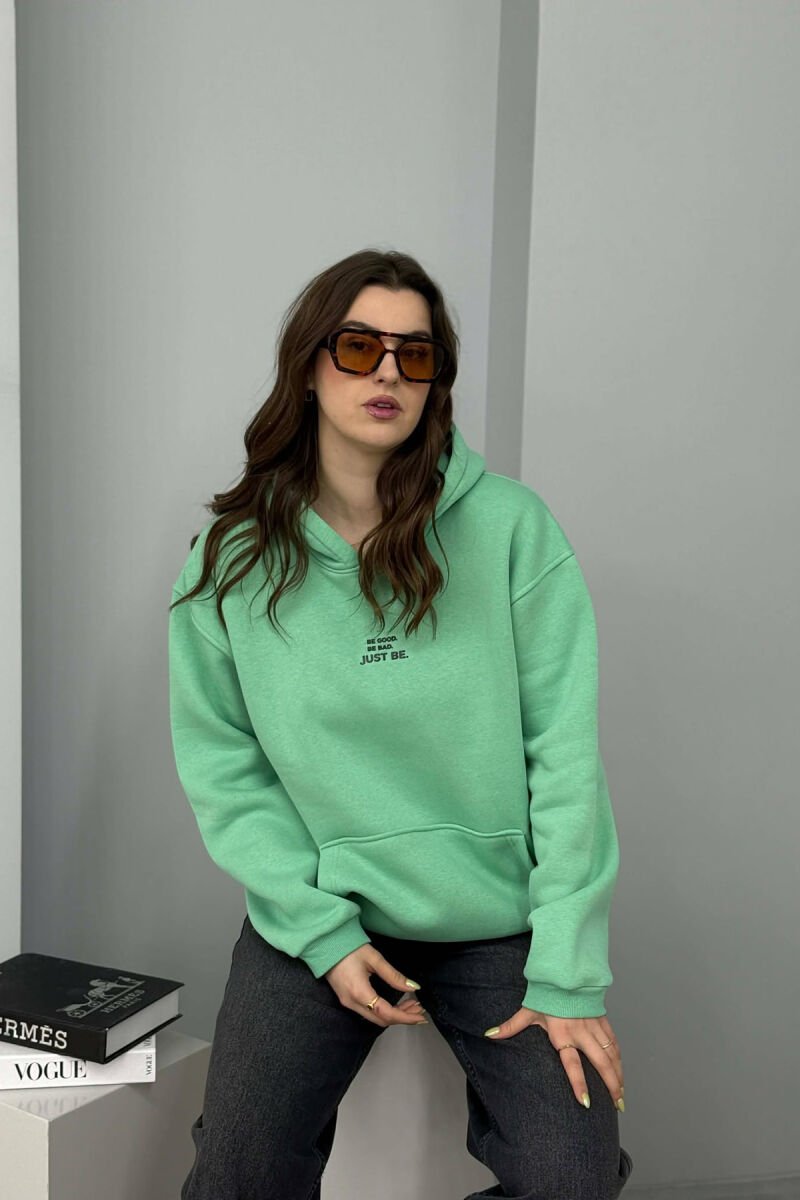 FLUFFY ONE COLOR FRONT WRITTING WOMEN HOODIE MINT/MENTE - 3