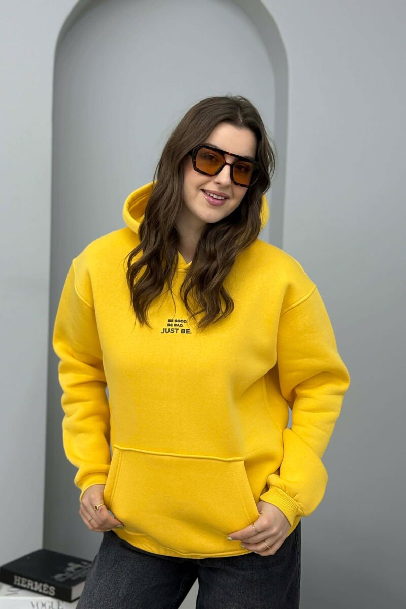 FLUFFY ONE COLOR FRONT WRITTING WOMEN HOODIE YELLOW/E VERDHE - 3