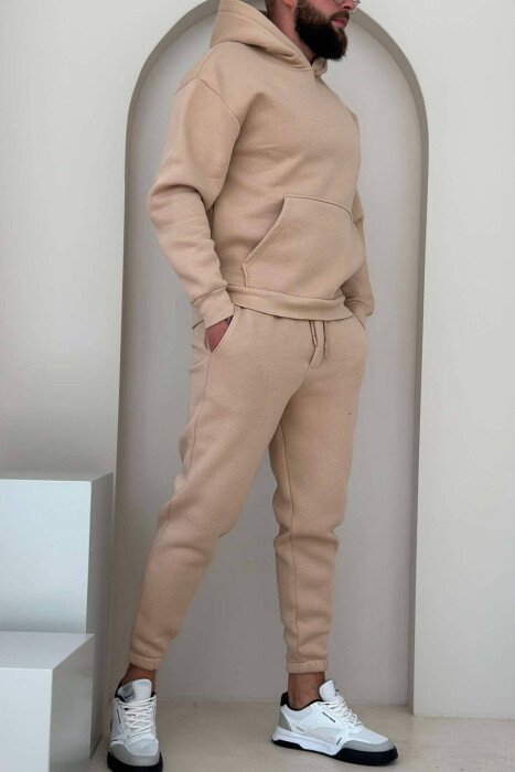 KOSTUM ME PUSH HOODIE DHE TUTA NJË NGJYRËSHE PËR MESHKUJ NË NGJYRËN BEZHË - KLAUDIO FASHION