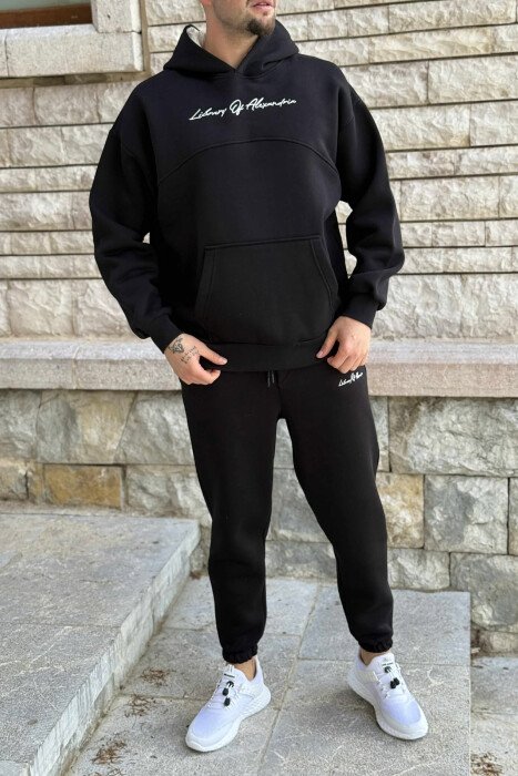 FLUFFY ONE COLOR HOODIE+JOGGERS MEN SET BLACK/ E ZEZE - KLAUDIO FASHION