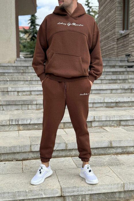 FLUFFY ONE COLOR HOODIE+JOGGERS MEN SET BROWN/KAFE - 1