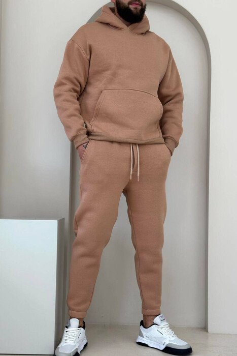 FLUFFY ONE COLOR HOODIE+JOGGERS MEN SET DARK BEIGE/BEZHE ERRET - KLAUDIO FASHION