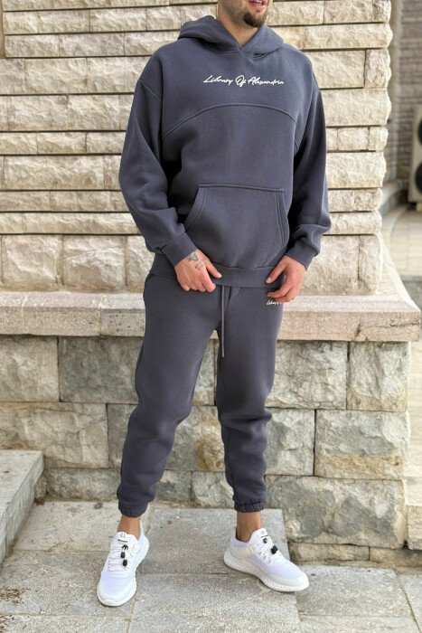 FLUFFY ONE COLOR HOODIE+JOGGERS MEN SET DARK GREY/GEE - KLAUDIO FASHION