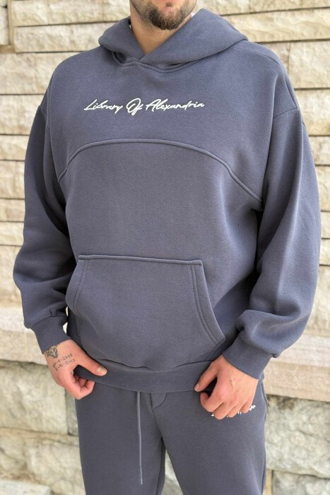 FLUFFY ONE COLOR HOODIE+JOGGERS MEN SET DARK GREY/GEE - 5