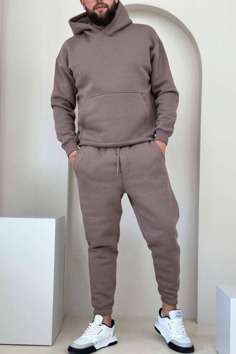 FLUFFY ONE COLOR HOODIE+JOGGERS MEN SET LIGHT BROWN/KAZB - KLAUDIO FASHION