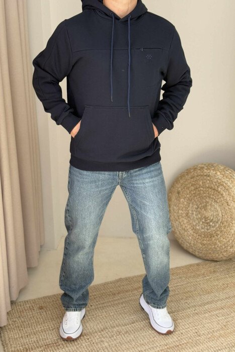 FLUFFY ONE COLOR MEN HOODIE DARK BLUE/BEE - 2