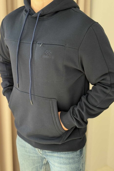 FLUFFY ONE COLOR MEN HOODIE DARK BLUE/BEE - 1