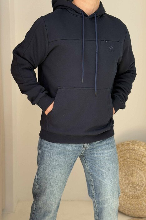 FLUFFY ONE COLOR MEN HOODIE DARK BLUE/BEE - 5