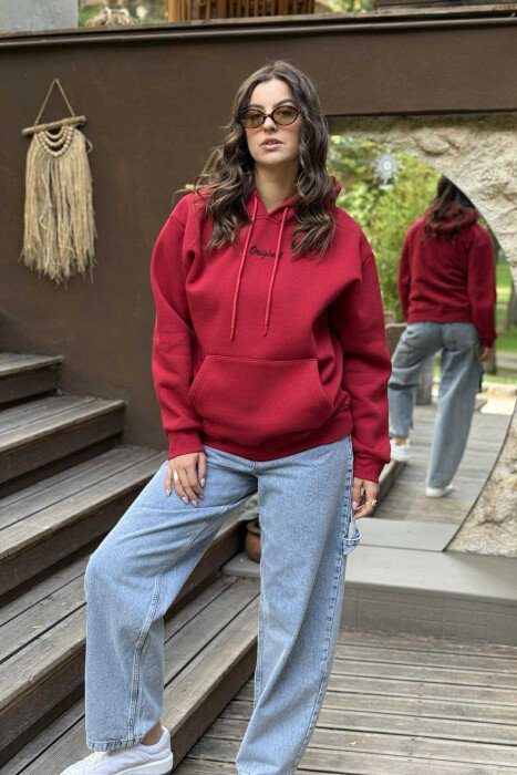 FLUFFY ONE COLOR SMALL FRONT WRITTING WOMEN HOODIE RED/E KUQE - KLAUDIO FASHION