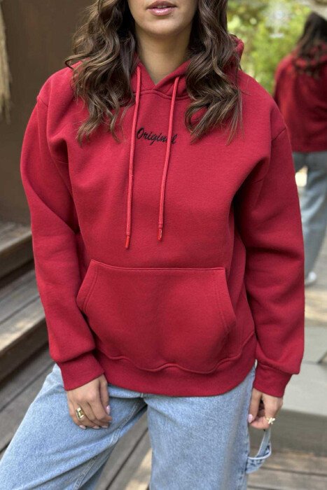 FLUFFY ONE COLOR SMALL FRONT WRITTING WOMEN HOODIE RED/E KUQE - 4