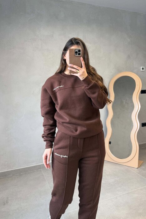 FLUFFY ONE COLOR SWEATSHIRT+ JOGGERS WOMEN SET BROWN/KAFE - 2