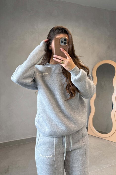 FLUFFY ONE COLOR SWEATSHIRT+ JOGGERS WOMEN SET GREY/GRI - 3