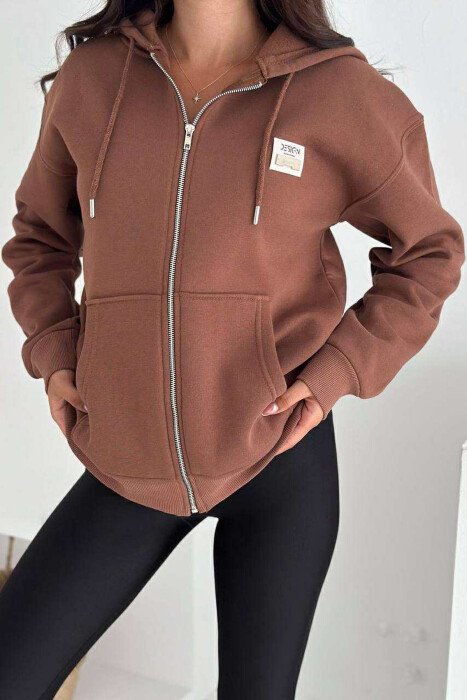FLUFFY ONE COLOR ZIPPER WOMEN COTTON JACKET BROWN/KAFE - 3