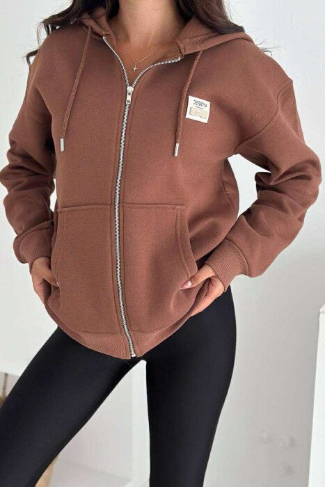 FLUFFY ONE COLOR ZIPPER WOMEN COTTON JACKET BROWN/KAFE - 1