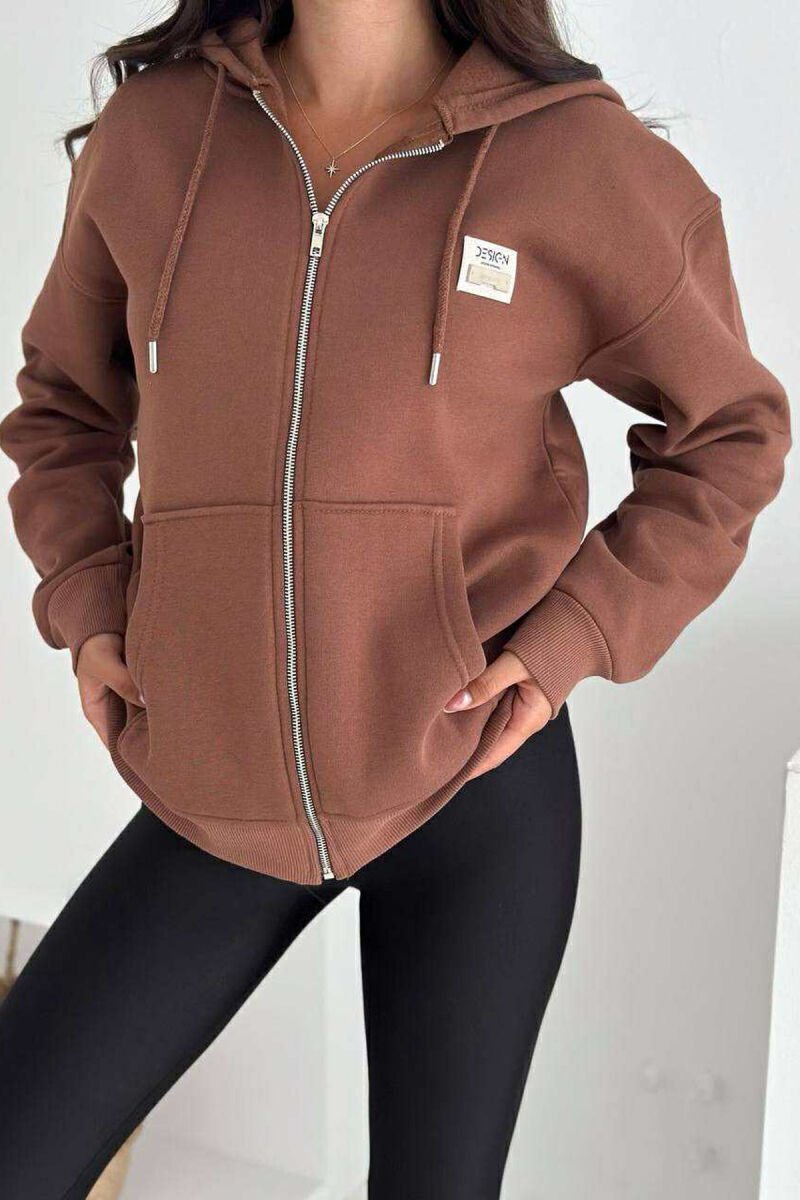 FLUFFY ONE COLOR ZIPPER WOMEN COTTON JACKET BROWN/KAFE - 1