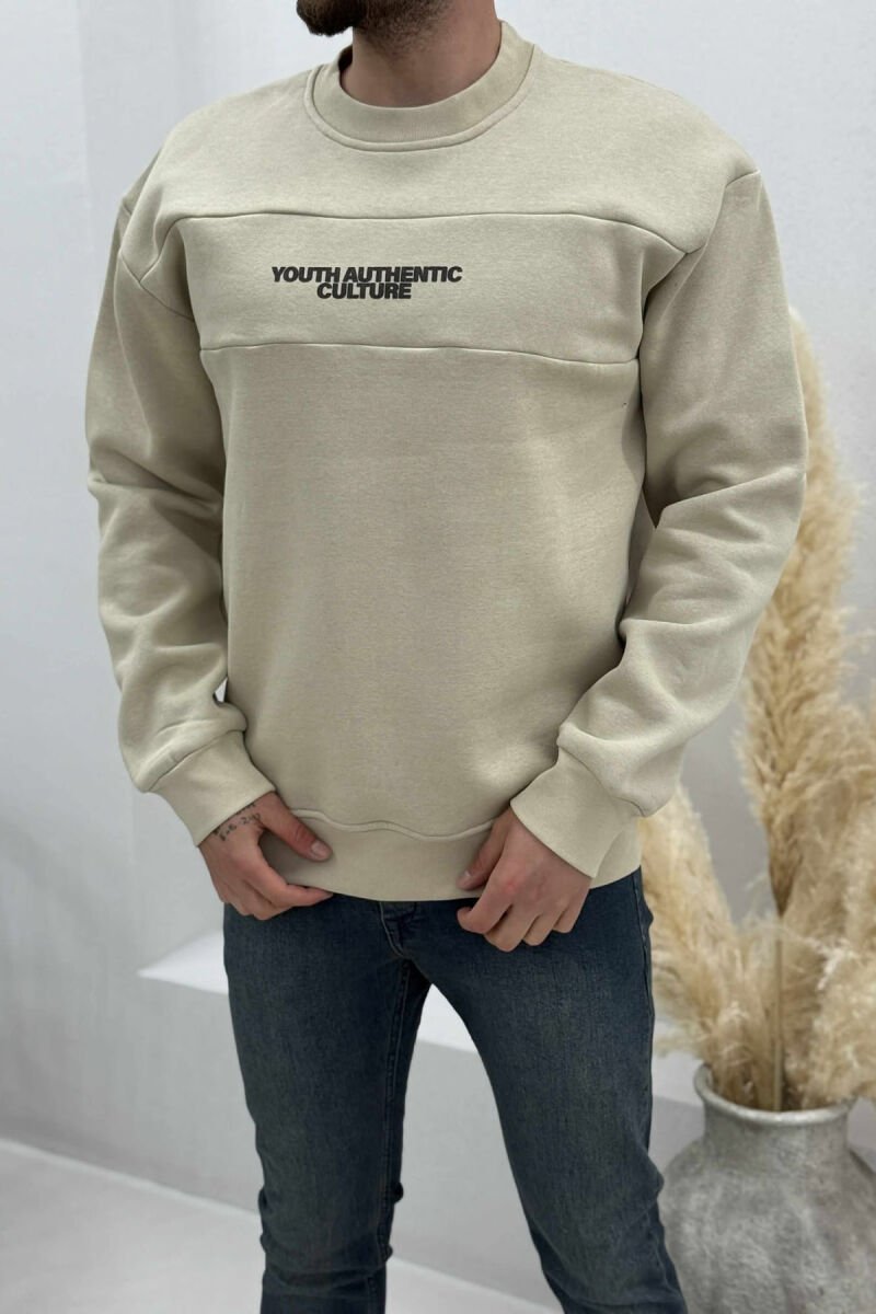 FLUFFY ROUND NECK FRONT WRITTING MEN SWEATSHIRT BEIGE/BEZHE - 1